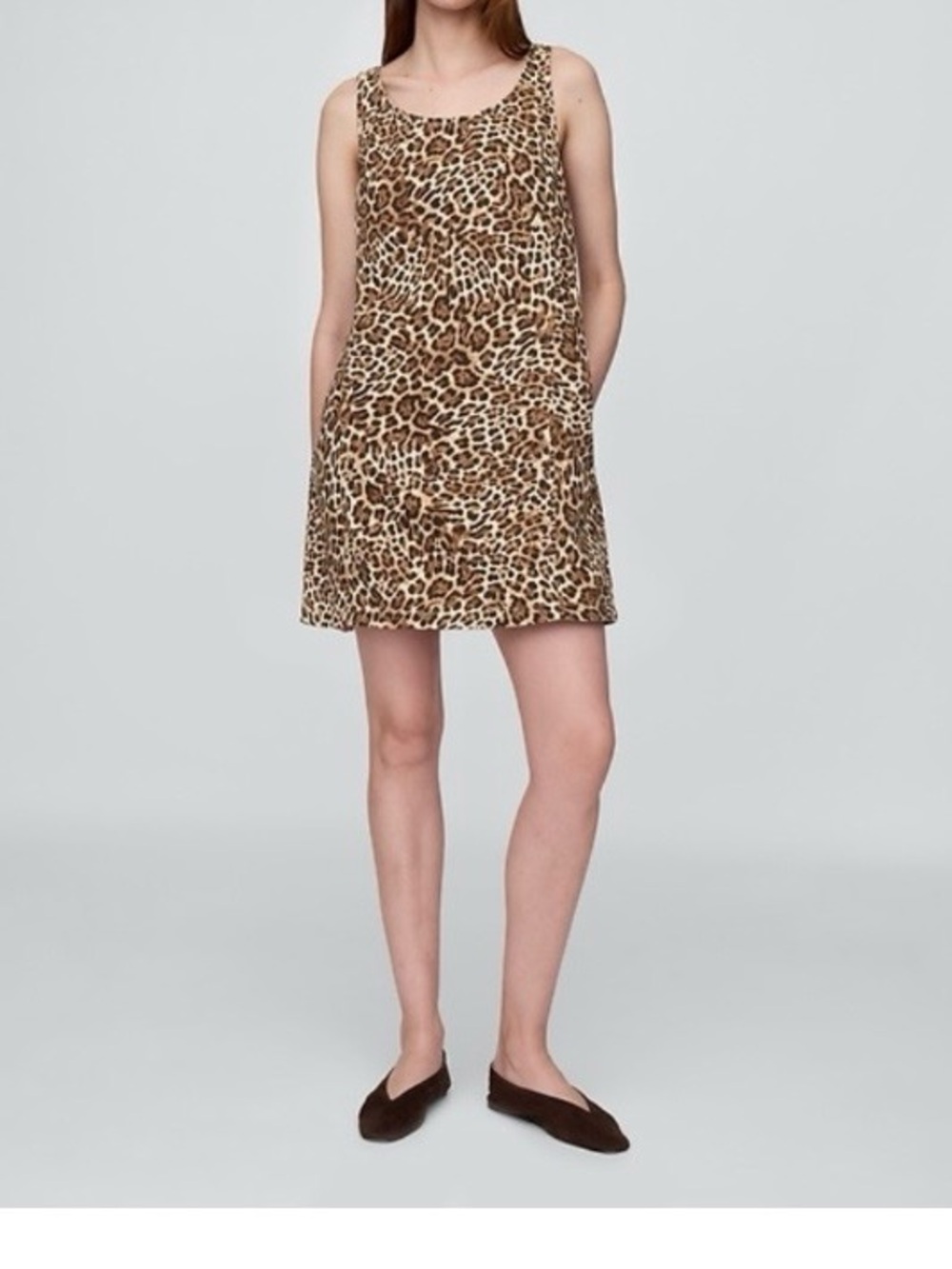 gap ultra soft denim sleeveless scoop neck a line mini dress leopard print
